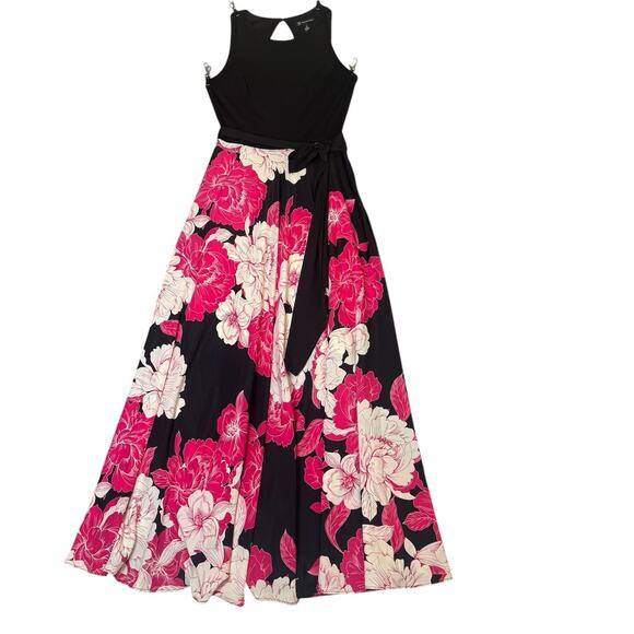 INC Black Floral Sleeveless Belted Maxi Gown Formal Dress Size 6 Pre-Owned - Picture 1 of 13